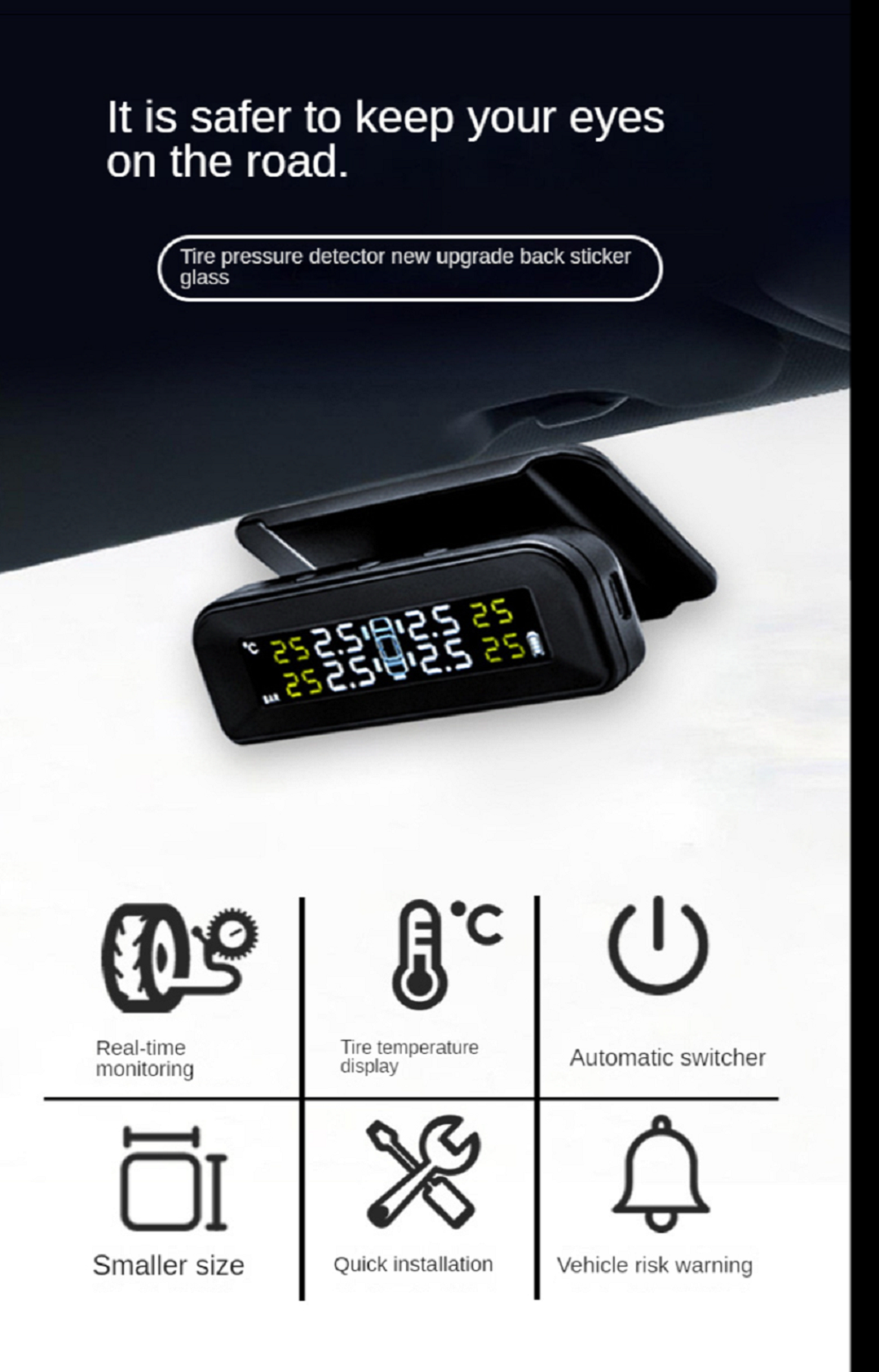 Wireless Solar Tire Pressure Monitoring System TPMS Car Tire Air Pressure Tester + 4 External Sensors