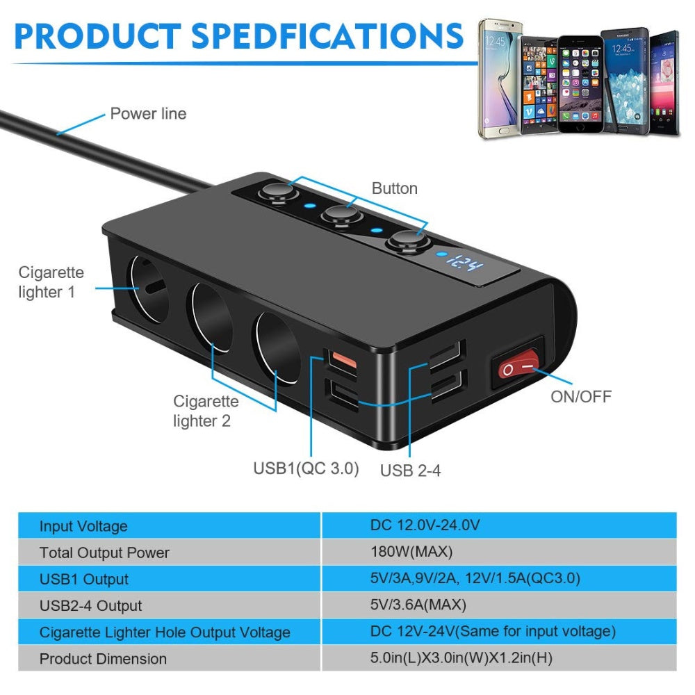 12V 180W Multi-function Car Charger Car Cigarette Lighter Socket Dual USB Port Auto-Voltage Detect 3.0 Fast Charging