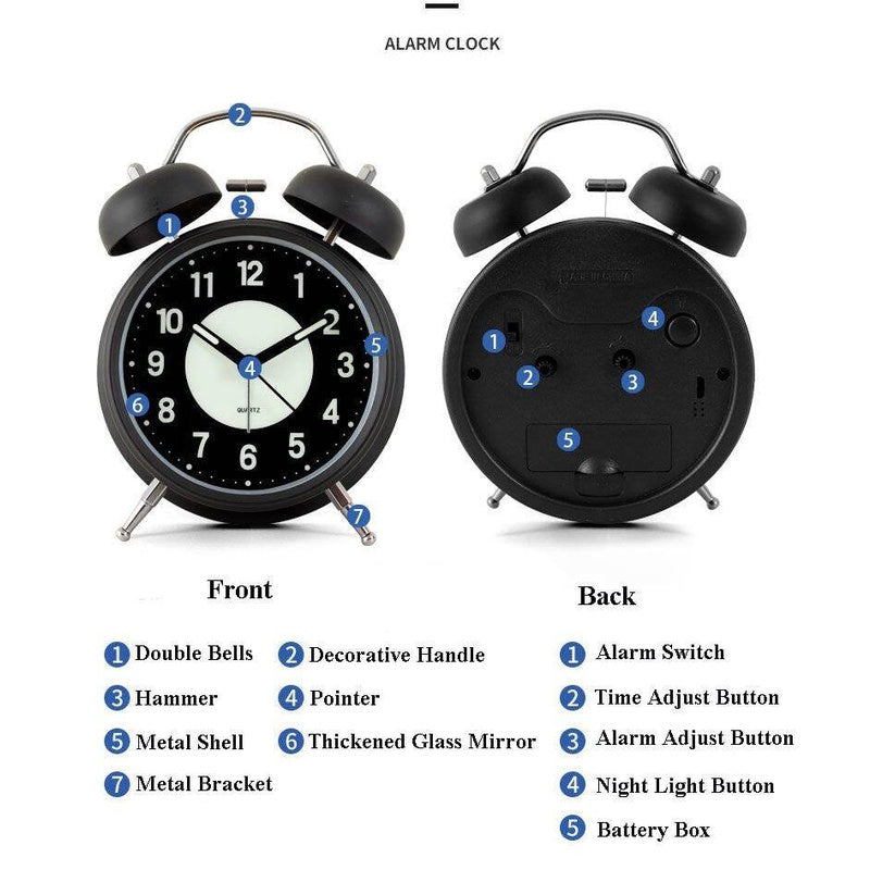 Silent Non-Ticking Analog Quartz 4 inches Battery Operated Twin Bell Loud Alarm Clock with Backlight for Bedroom