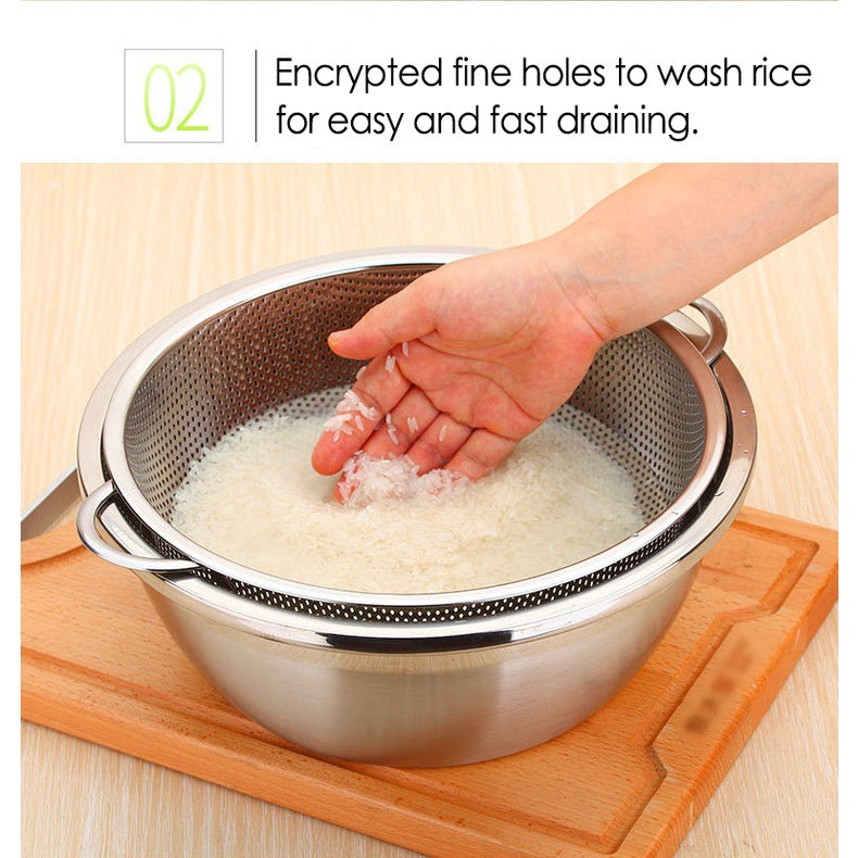 Kitchenware Stainless Steel Fine Mesh Strainer Colander Rice Vegetable Sieve 2 piece set (Pot + Drain)