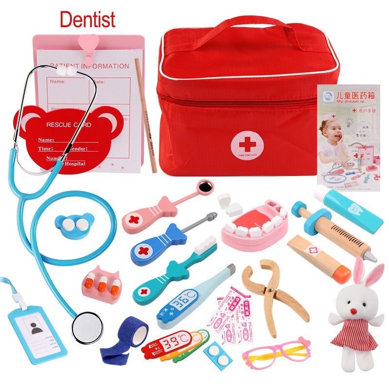 Doctor Toys for Children Girl Boy Kids Pretend Play Wood Red Medical Kit Dentist Medicine Box Sets Cloth Bag Role Pay