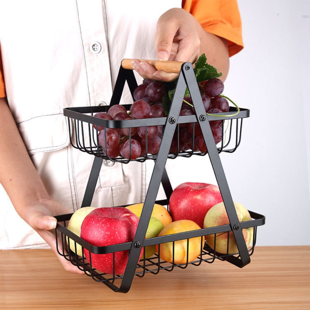 Kitchen Double Layer Portable Storage Basket Carbon Steel Removable Vegetable Fruit Storage Basket Rack Kitchen Supplies