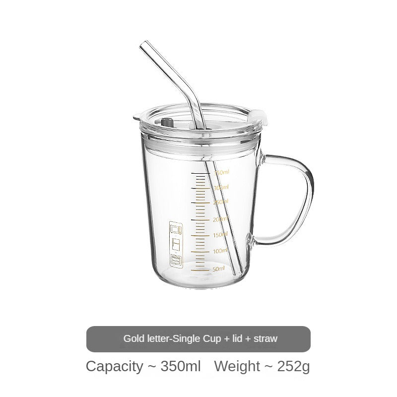 Graduated Glass Cup Coffee Mug With Straw Cover And Handle Tea Cup For Home Office Travel High Borosilicate Glass 350ml