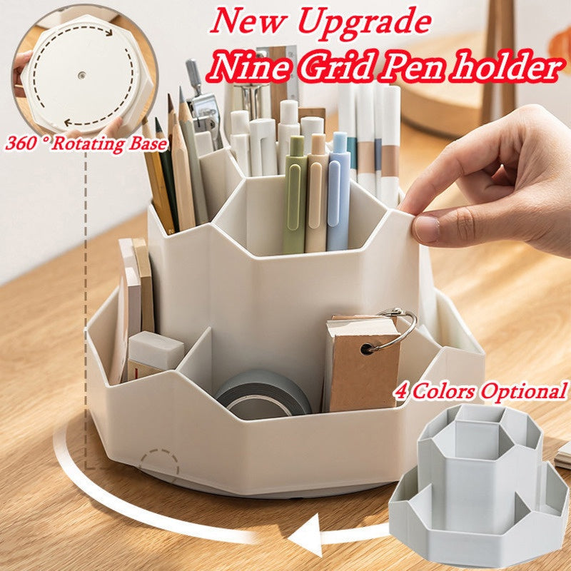 Nine Grid Pen Holder Multifunction 360 Rotating Pencil Container Large Capacity Desktop Stationery Storage Box