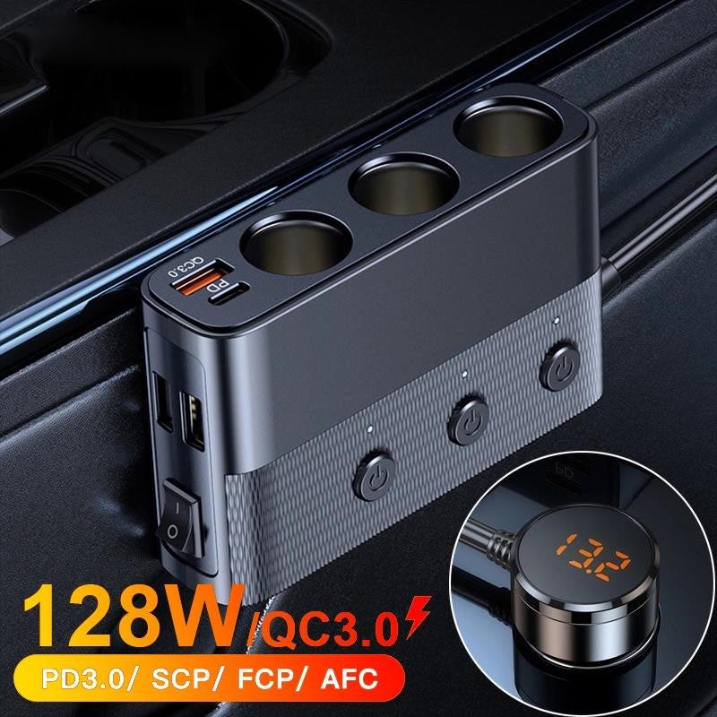 Car Cigarette Lighter Splitter Quick Charge 3.0 and USB C Charger 20W Adapter 128W High Power 12V/24V with 3 Socket